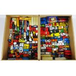 Collection of Matchbox cars and other die-cast cars in 2 boxes.