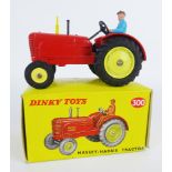 Dinky Toys die-cast model 300 Massey-Harris Tractor, red body with pale yellow hubs & exhaust,