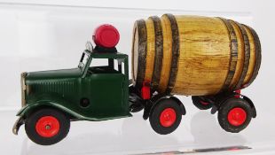 Triang Minic 'Watneys Red Barrel' advertising model, green cab with red barrel on roof,