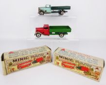 Triang Minic Delivery Lorries, red cab and green back, another pale blue cab and dark green back,