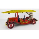 Mettoy Tinplate Spring Driven Mechanical Fire Engine With Ladder and Two Fire Fighters