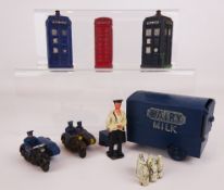 Charbens diecast Electric Dairy Cart with figure and milk crate, two Dinky Police boxes 42a,
