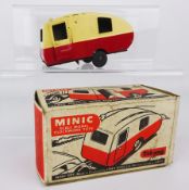 Triang Minic Caravan, cream over maroon with black hubs, opening door,boxed.