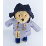 1970's Gabrielle Designs Paddington Bear, with grey duffle coat, original blue Dunlop wellingtons,