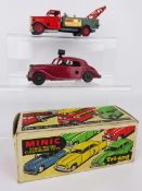 Triang Minic Tow Truck, red cab, hubs and lift, green body, unboxed & Riley Police Car,