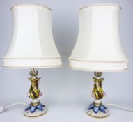 Pair of Naples Capo de Monti porcelain table lamps, baluster bodies encrusted with flowers,