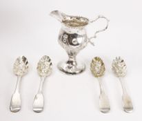 George III silver cream jug London 1774 and four Georgian berry teaspoons approx 5oz