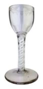 Georgian Wine glass, bucket bowl with etched rim and double opaque air twist stem on domed foot,