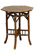 Victorian bamboo occasional table with octagonal lacquered top, metal brackets,