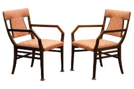 Pair 19th century European rosewood framed open arm chairs on square supports, brass cups,