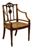 Edwardian Sheraton style satinwood open arm chair,