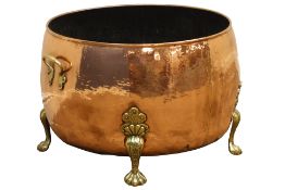 19th century circular beaten copper cauldron coal bin, D59cm,