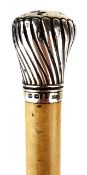 Malacca walking cane, twist fluted silver handle hallmarked London 1903 & stamped BRIGG,