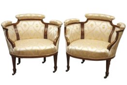Pair Edwardian inlaid walnut boudoir chairs, boxwood stringing,