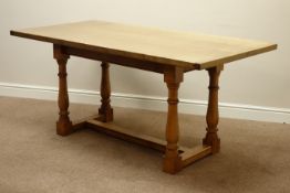 Oak rectangular dining table, four turned pillar supports connected by stretcher, 168cm x 83cm,