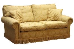 Pair large two seat sofas upholstered in gold damask fabric, with scatter cushions,