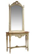 French style carved wood parcel gilt console table, raised mirror back, on fluted tapering supports,
