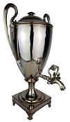19th century silver plated Samovar, twin handled urn shaped body on square base with bracket feet,