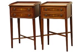 Pair of inlaid mahogany bedside cabinets with gallery tops and two inlaid drawers on square