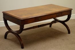 Regency style mahogany rectangular single drawer coffee table on X shaped supports with stretcher,