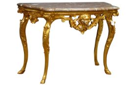 Early 20th century marble top giltwood console table, pierced frieze carved with cherub head,