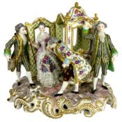 20th century Dresden porcelain figure group of a lady alighting from a Sedan Chair with three