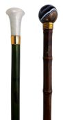 Bamboo walking cane, polished figured agate ball handle,