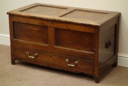 Early 19th century oak mule chest, panelled hinged top, internal candle box, single drawer to base,