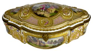 Early 20th century Sevres oval lozenge shaped gilt metal mounted box,