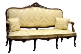 Victorian rosewood three seat open arm settee, serpentine seat,