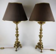 Pair of large cast brass Renaissance style table lamps, on three claw & ball feet,