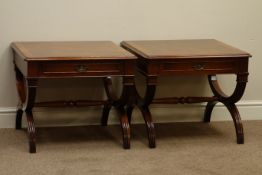 Pair of Regency style mahogany square single drawer lamp tables on X shaped supports with stretcher,