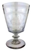 Regency glass 'Sunderland Bridge' Rummer etched with a sailing vessel and initials J V in cartouche,