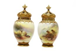 Pair of Royal Worcester porcelain ovoid pot-pourri vases,