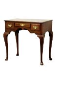 George lll mahogany banded oak lowboy with three drawers and shaped frieze on cabriole legs with