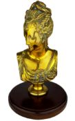 Brass head & shoulder bust of the young Queen Mary bust on socle and tuned wooden base,