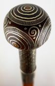 Malacca walking cane, hardwood ball handle inlaid with geometric metal stringing and dotwork,