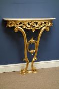 Small marble top giltwood console table on curved supports, W80cm, D30cm,