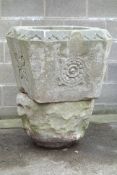 18th century large sandstone garden planter, square tapering form with canted corners,