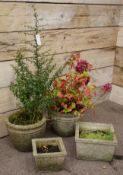 Pair composite stone planters with moulded leaf decoration,
