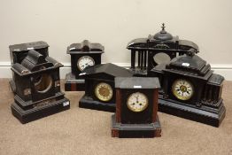 Various Victorian slate mantel clocks and clock cases for spares/parts and a ebonised wood mantel