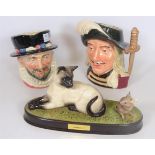 Beswick figure of a Siamese cat and mouse 'Watch It' and two Royal Doulton character jugs