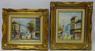 Continental Street Scenes, two 20th century oil's on canvas signed by Burnett 25cm x 19.