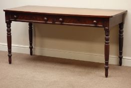 Victorian mahogany two drawer side table on turned supports, W151cm, H74cm,