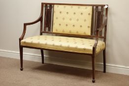 Edwardian inlaid mahogany two seat settee, square tapering supports with spade feet,