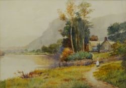 Figure Walking Down a Riverside Path from a Cottage,