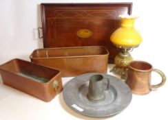 Two copper rectangular planters, Edwardian mahogany serving tray, converted oil lamp,