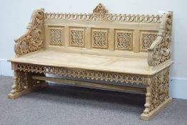 Solid teak heavily hand carved teak bench, W166cm, H100cm, D58cm