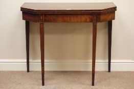 Early 19th century figured mahogany fold over card table with canted corners,