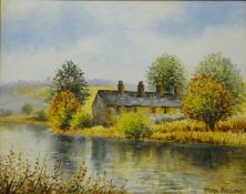 Cottages by a River, oil on board signed by Brian Barlow (British 1934-),